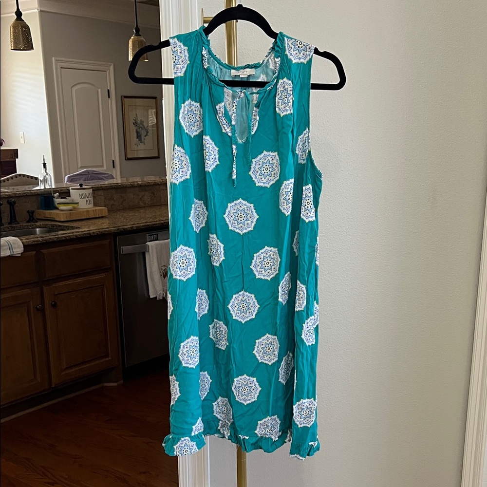 LOFT Teal Sleeveless Mini Dress with White Medallion Print